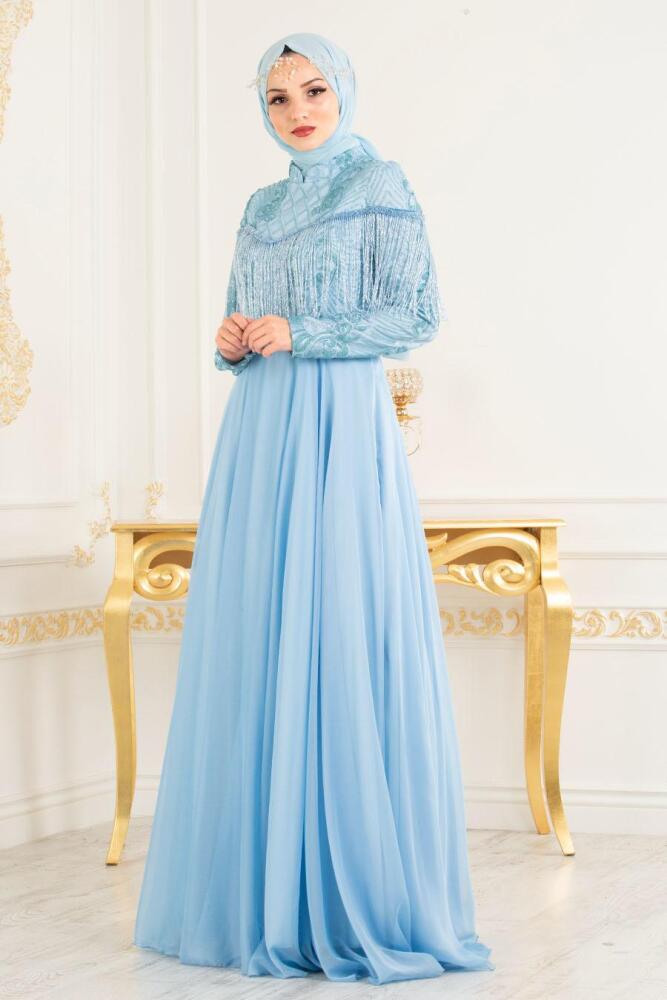 Bébé Bleu - Tesettürlü Abiye Elbise - Robes de Soirée Hijab 36610BM - 1