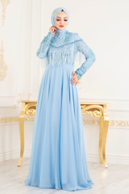 Bébé Bleu - Tesettürlü Abiye Elbise - Robes de Soirée Hijab 36610BM - Thumbnail