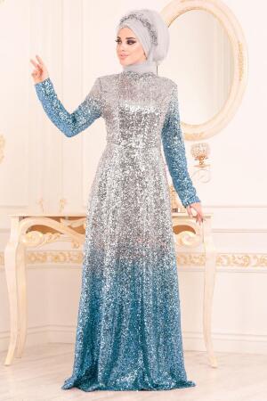 Bébé Bleu - Tesettürlü Abiye Elbise - Robes de Soirée Hijab 8576BM - 1