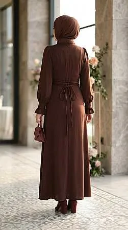 Bead-Detail Brown Modest Satin Evening Dress 62471KH - 2