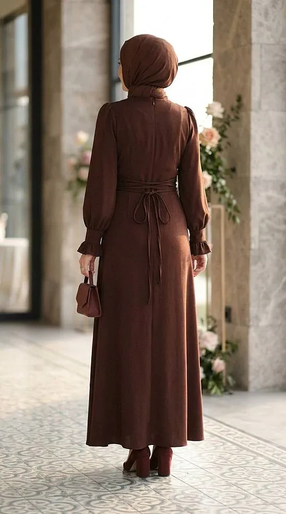 Bead-Detail Brown Modest Satin Evening Dress 62471KH - 2