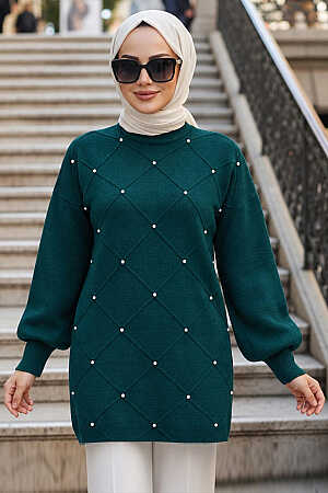 Bead-Detail Emerald Green Modest Knit Sweater 10138ZY - 1