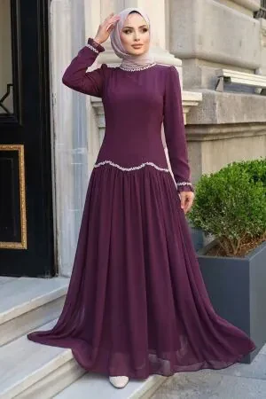 Bead-Detail Plum Modest Evening Dress 55212MU 