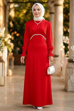Bead-Detail Red Modest Satin Evening Dress 62471K 