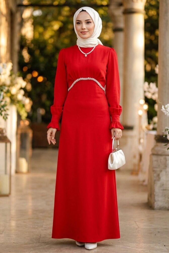 Bead-Detail Red Modest Satin Evening Dress 62471K - 1