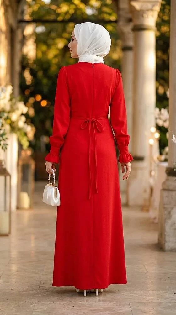 Bead-Detail Red Modest Satin Evening Dress 62471K - 2