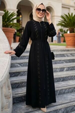 Bead Detailed Black Modest Abaya 26104S - 1