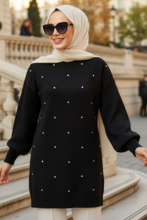 Bead Detailed Black Modest Knit Sweater 10138S 