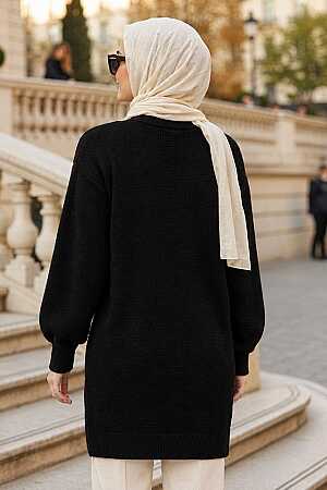 Bead Detailed Black Modest Knit Sweater 10138S - 2