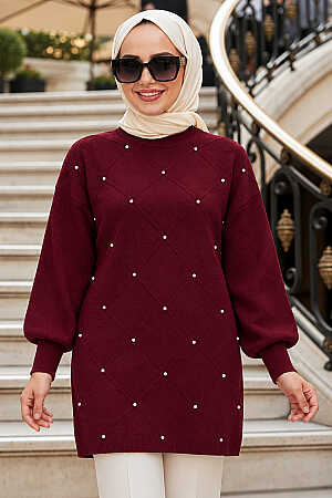 Bead Detailed Cherry Modest Knit Sweater 10138VSN - N.S NEVA STYLE