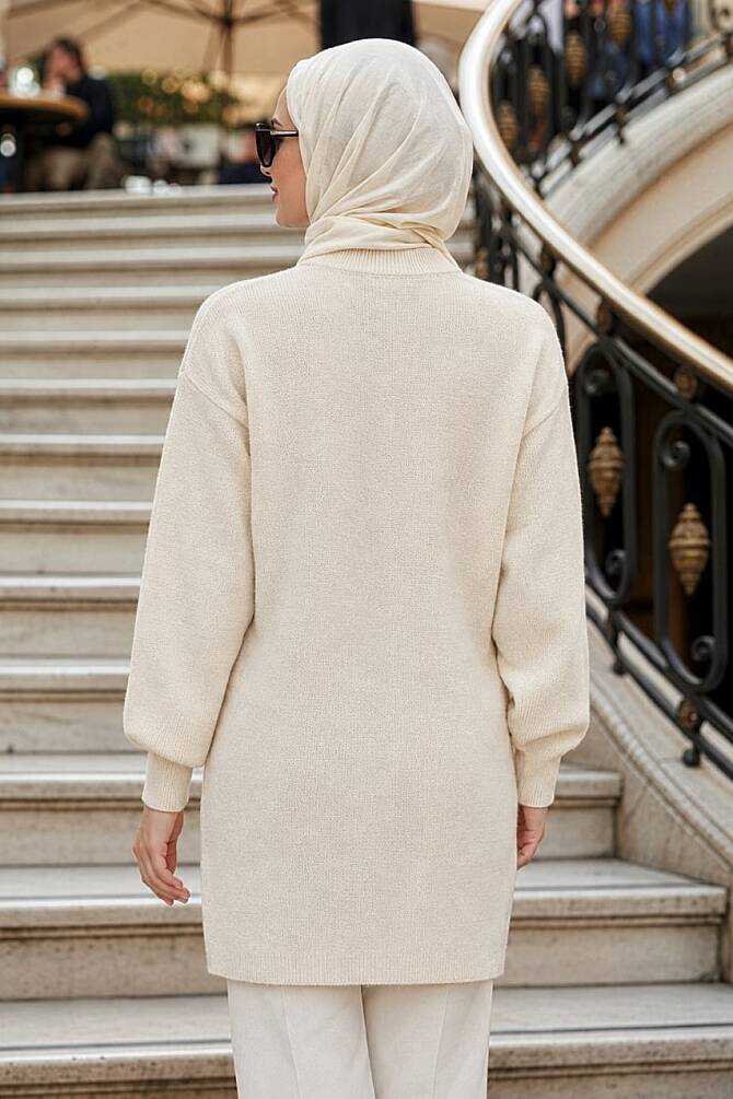 Bead Detailed Cream Modest Knit Sweater 10138KR - 2