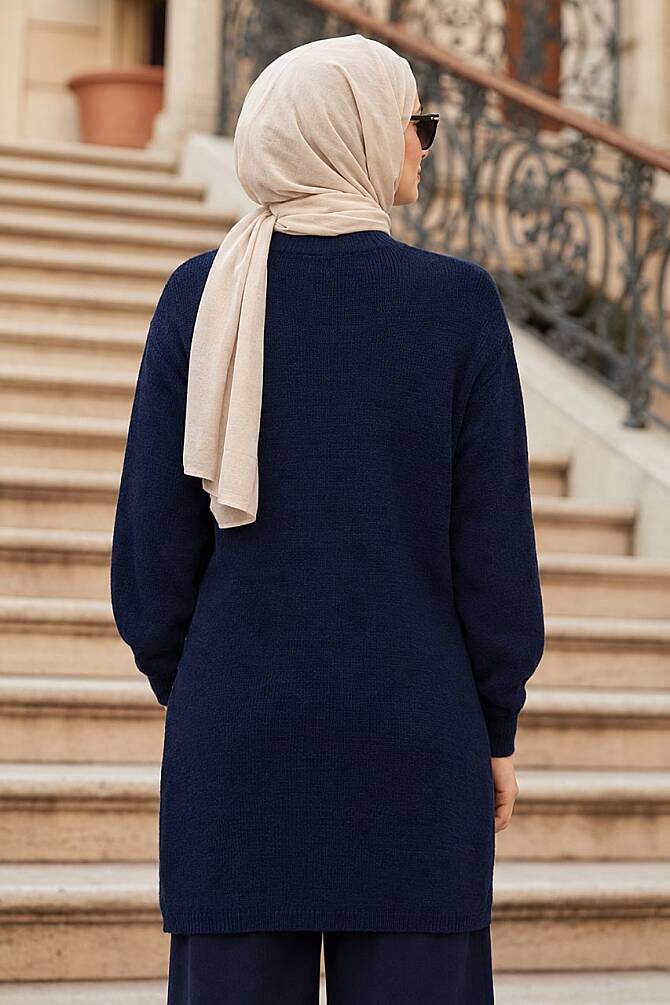 Bead Detailed Navy Blue Modest Knit Sweater 10138L - 2