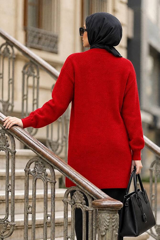 Bead Detailed Red Modest Knit Sweater 10138K - 2