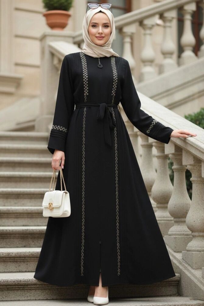 Bead Embroidered Black Modest Abaya 26101S - 1