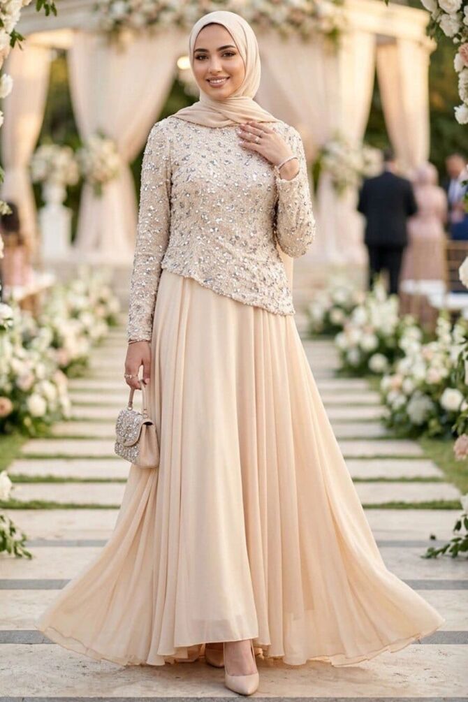 Beaded Chiffon Beige Modest Evening Dress 247BEJ - 1