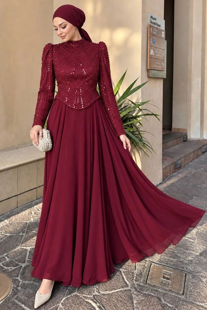 Beaded Chiffon Burgundy Modest Evening Dress 235BR - 1