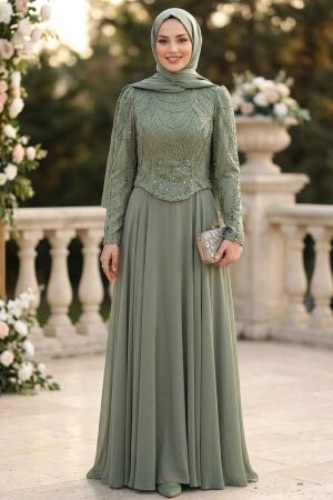 Beaded Chiffon Sage Green Modest Evening Dress 235CY 