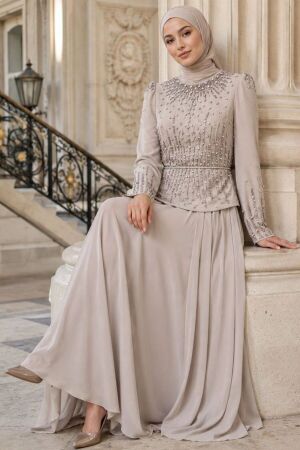 Beaded Crepe Beige Modest Evening Dress 5683BEJ - 1