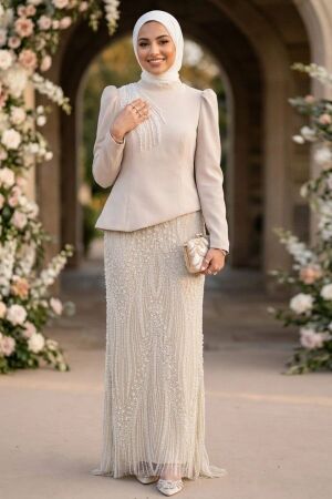Beaded Crepe Ecru Modest Evening Dress 262E - 1