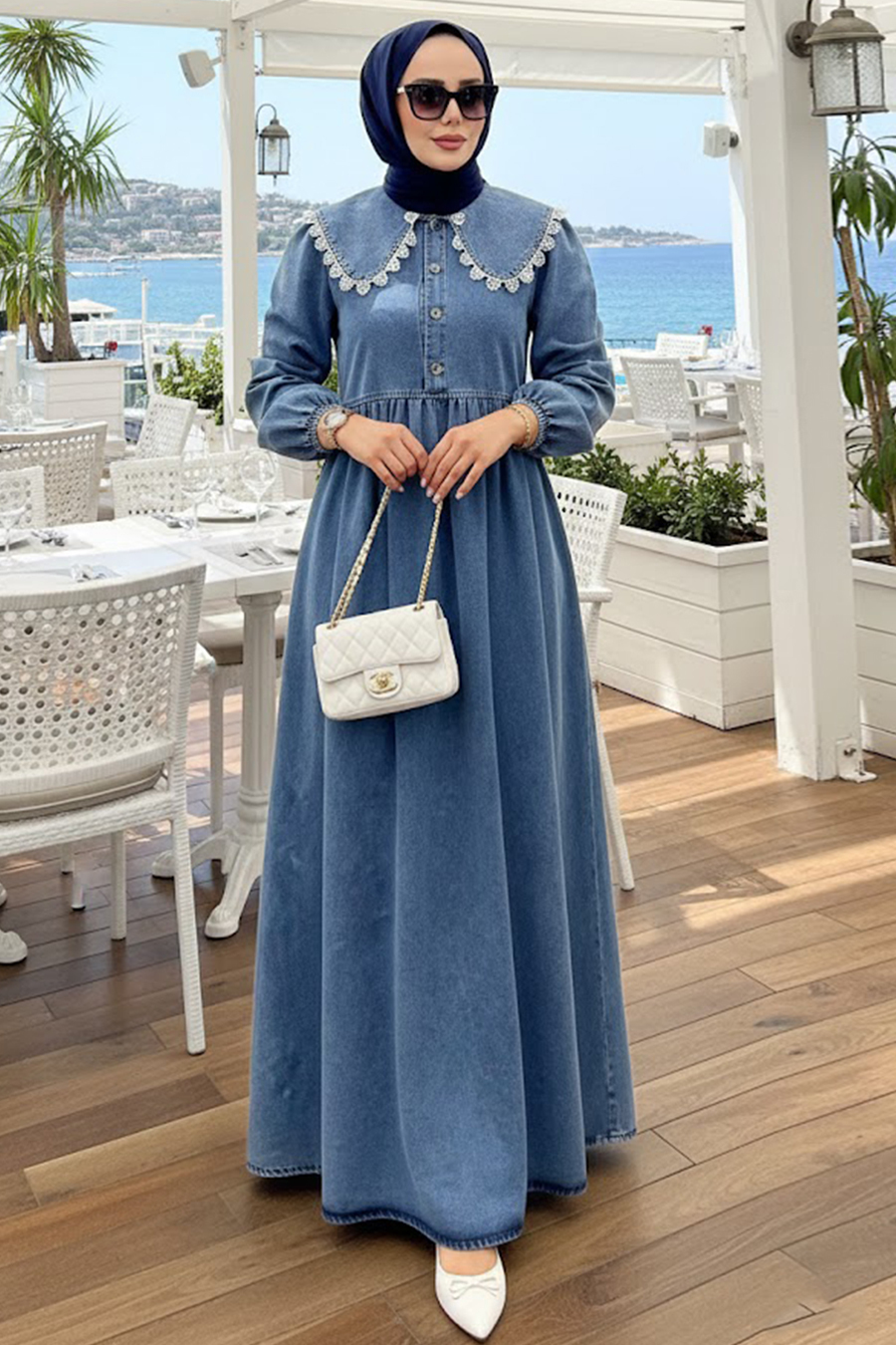Bebe Collar Blue Modest Denim Dress 19179M