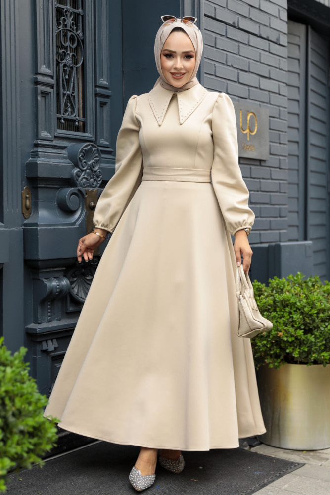 Bebe Yaka Bej Tesettür Elbise 23123BEJ - 1