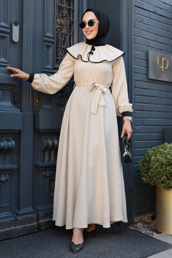 Bebe Yaka Bej Tesettür Elbise 60881BEJ - 1