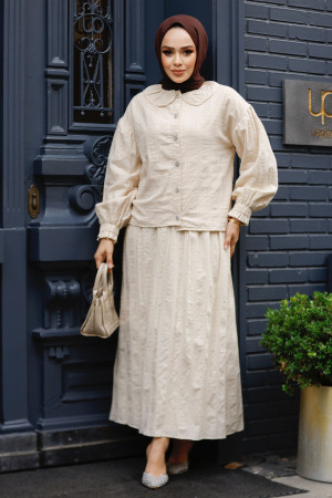 Bebe Yaka Bej Tesettür Etekli İkili Takım 30004BEJ - 1