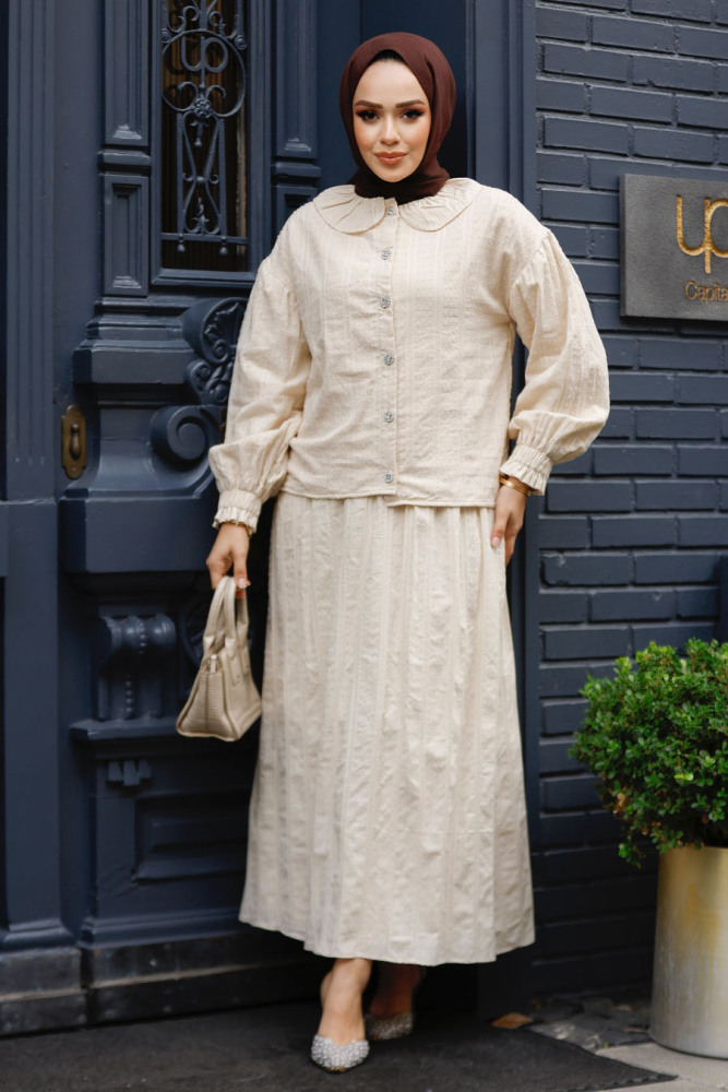 Bebe Yaka Bej Tesettür Etekli İkili Takım 30004BEJ - 1