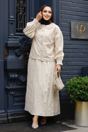 Bebe Yaka Bej Tesettür Etekli İkili Takım 30004BEJ - 2