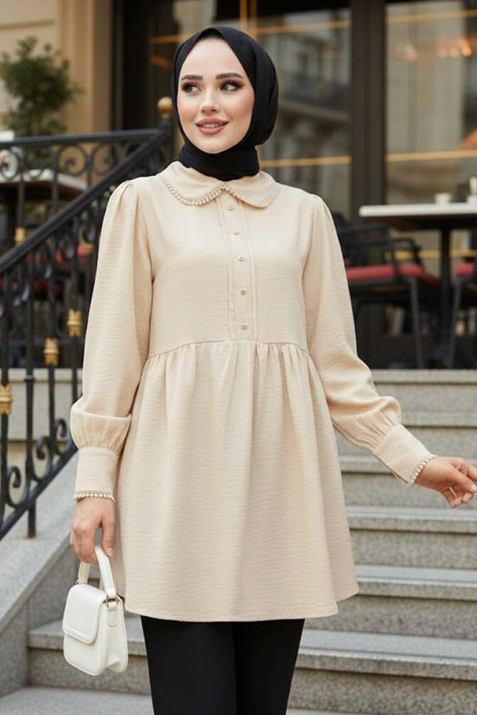 Bebe Yaka Bej Tesettür Tunik 40691BEJ - 1