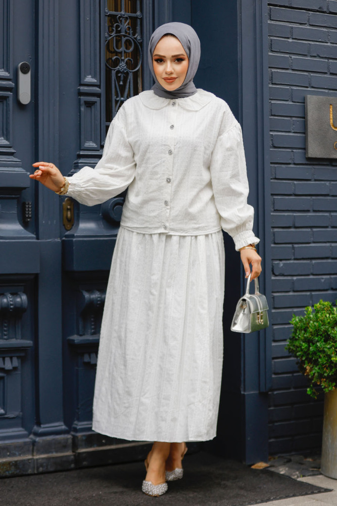 Bebe Yaka Beyaz Tesettür Etekli İkili Takım 30004B - NEVA STYLE