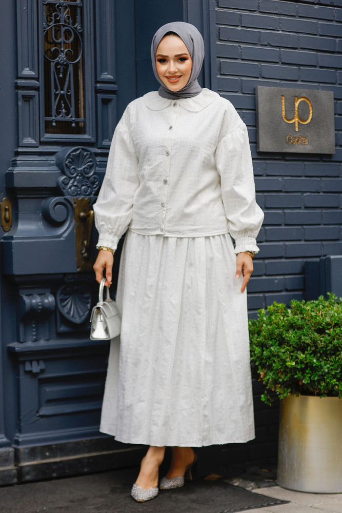 Bebe Yaka Beyaz Tesettür Etekli İkili Takım 30004B - 2