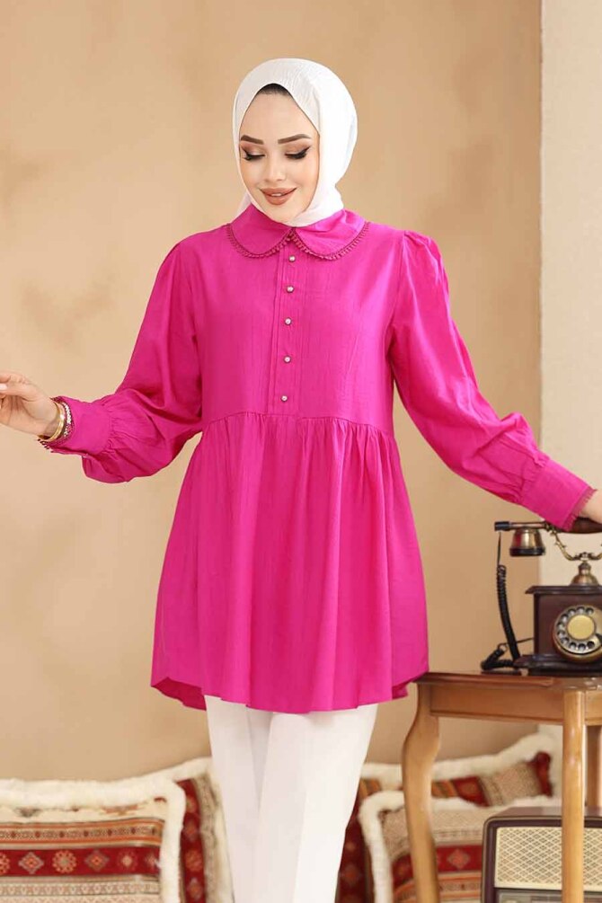Bebe Yaka Fuşya Tesettür Tunik 40691F - 3