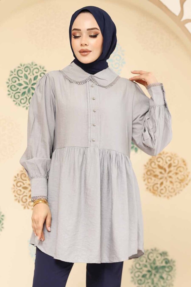 Bebe Yaka Gri Tesettür Tunik 40691GR - 1