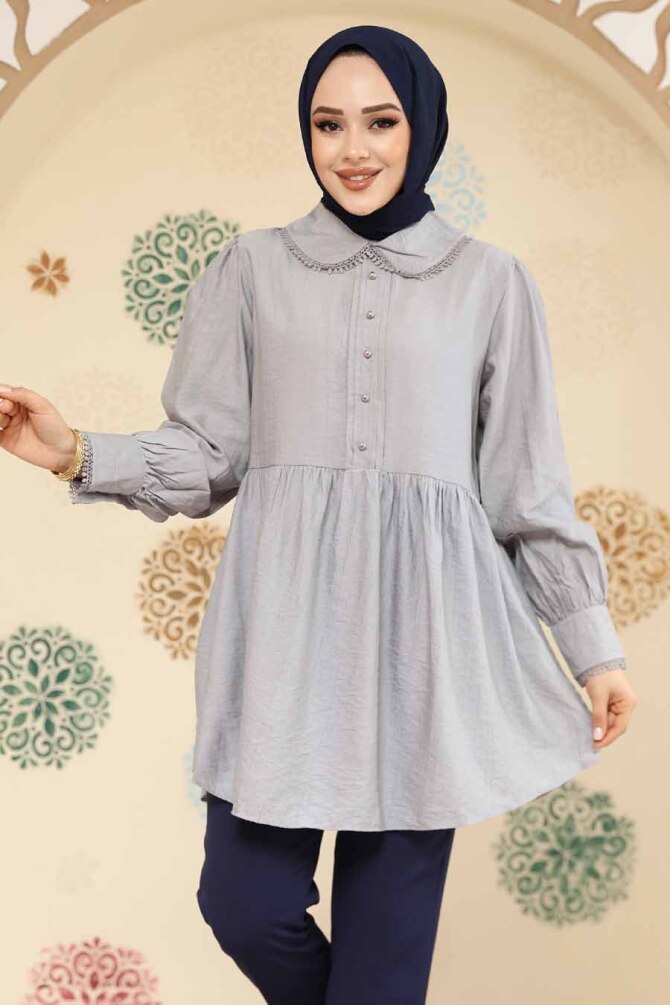 Bebe Yaka Gri Tesettür Tunik 40691GR - 2