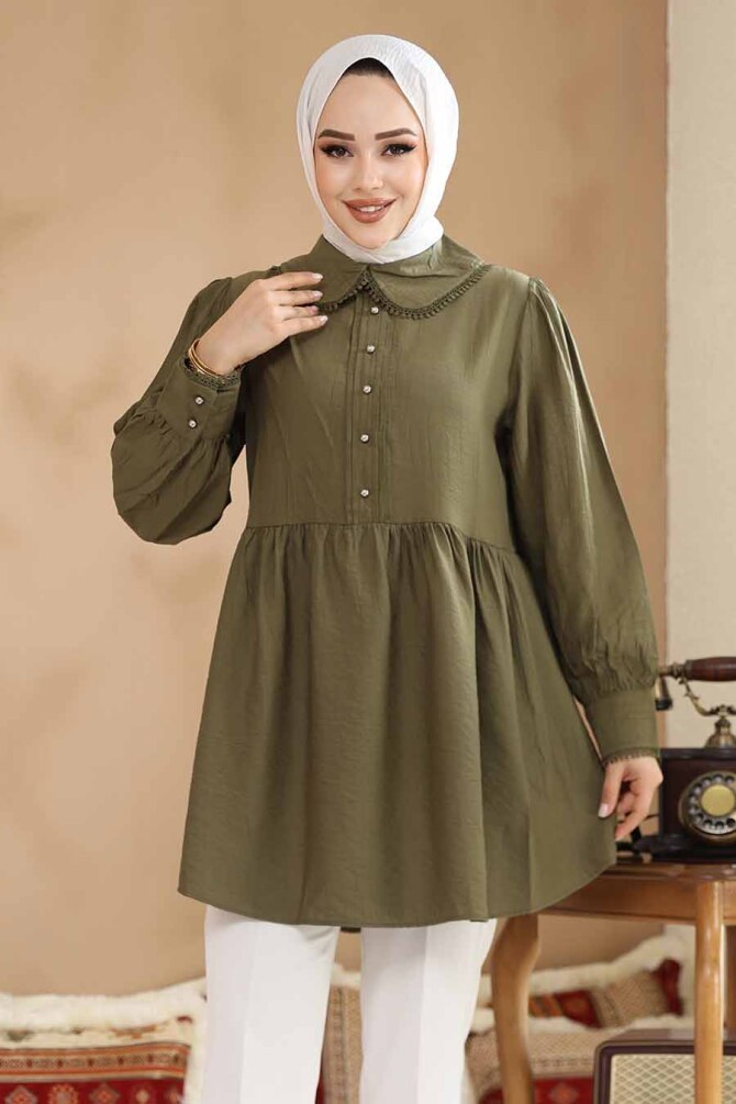 Bebe Yaka Haki Tesettür Tunik 40691HK - 2
