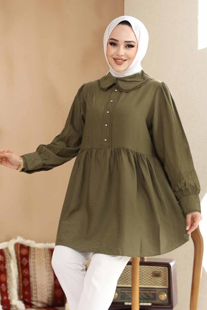 Bebe Yaka Haki Tesettür Tunik 40691HK - 1