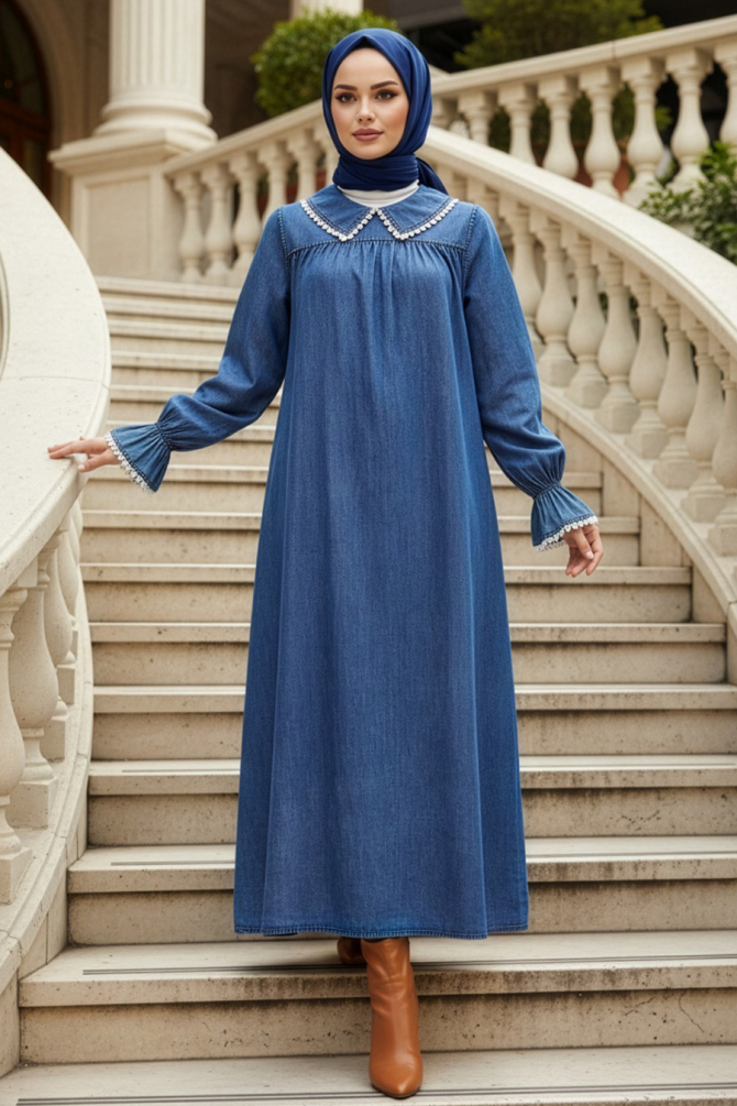 Bebe Yaka Kot Koyu Mavi Tesettür Elbise 19123KM - 1
