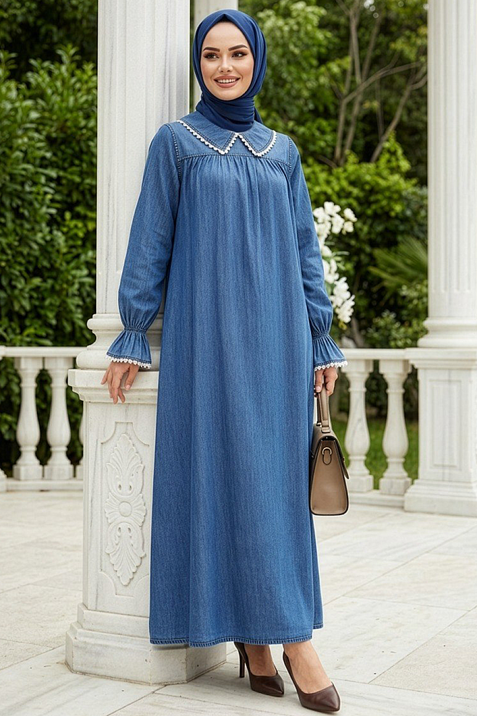 Bebe Yaka Kot Koyu Mavi Tesettür Elbise 19123KM - 1
