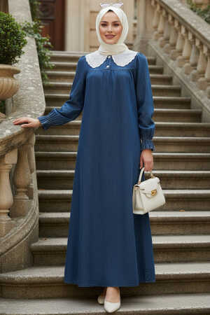 Bebe Yaka Kot Lacivert Tesettür Elbise 19120L - 1