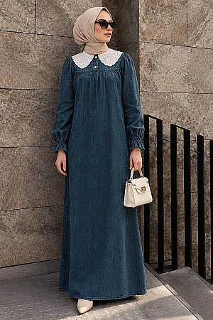 Bebe Yaka Kot Lacivert Tesettür Elbise 19120L 