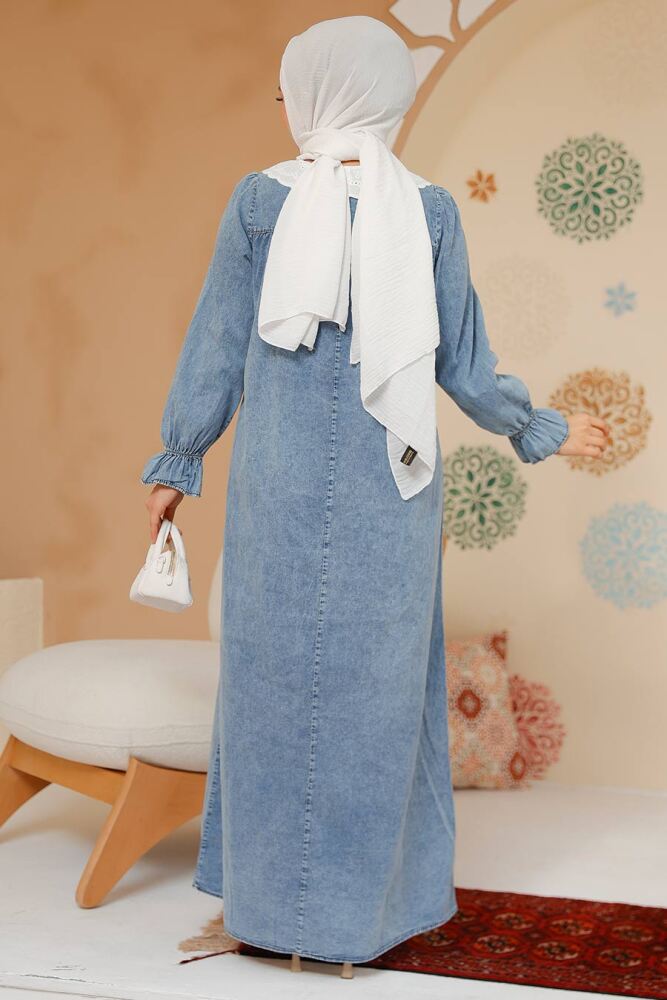 Bebe Yaka Kot Mavi Tesettür Elbise 19120M - 4