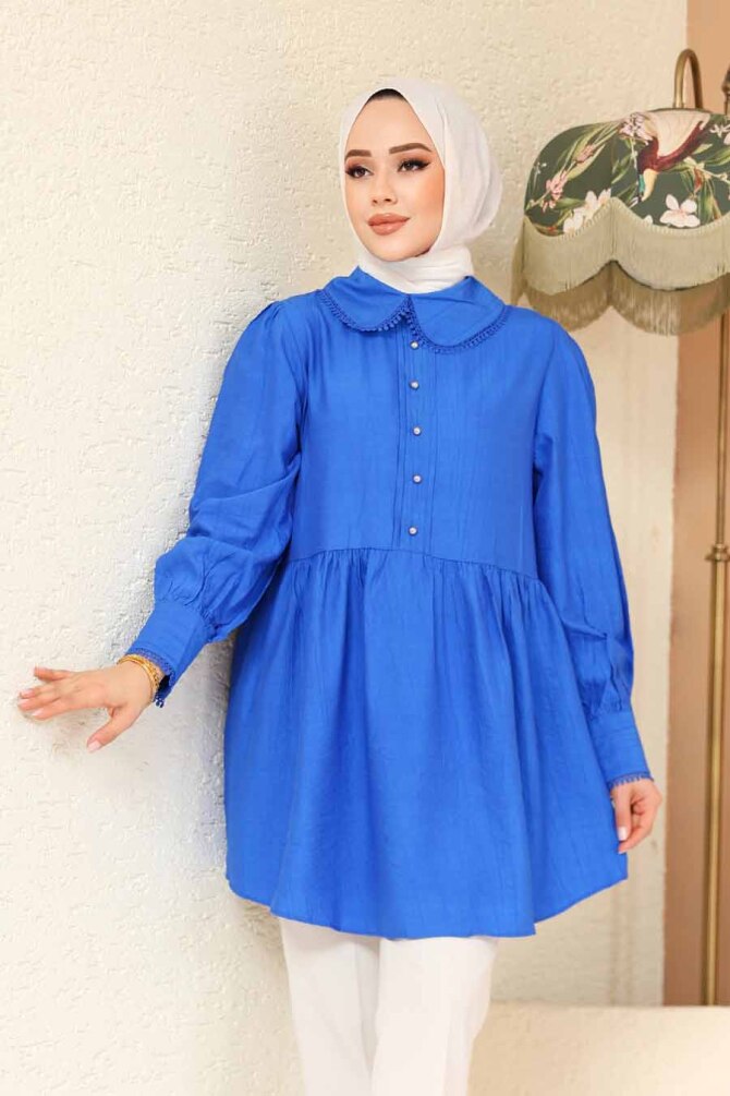Bebe Yaka Sax Mavisi Tesettür Tunik 40691SX - 3