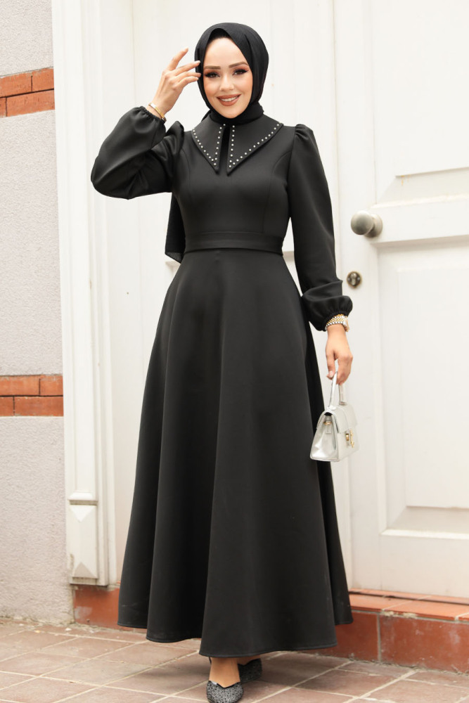 Bebe Yaka Siyah Tesettür Elbise 23123S - 2