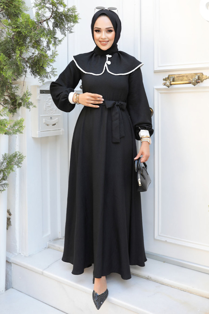 Bebe Yaka Siyah Tesettür Elbise 60881S - 4