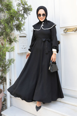 Bebe Yaka Siyah Tesettür Elbise 60881S - 1