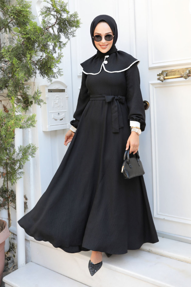 Bebe Yaka Siyah Tesettür Elbise 60881S - 1