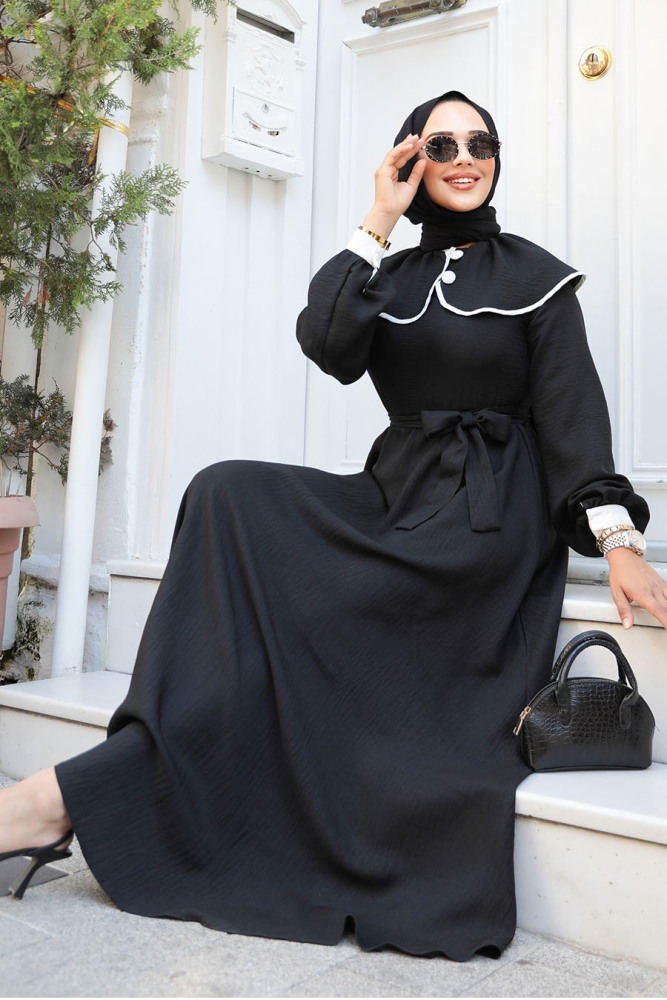 Bebe Yaka Siyah Tesettür Elbise 60881S - 2
