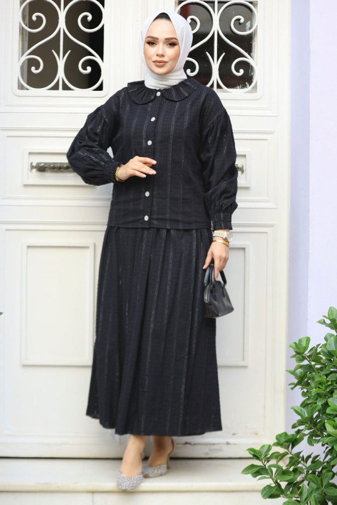 Bebe Yaka Siyah Tesettür Etekli İkili Takım 30004S - 2