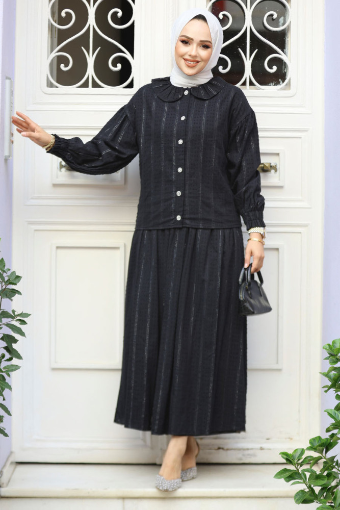Bebe Yaka Siyah Tesettür Etekli İkili Takım 30004S - 1